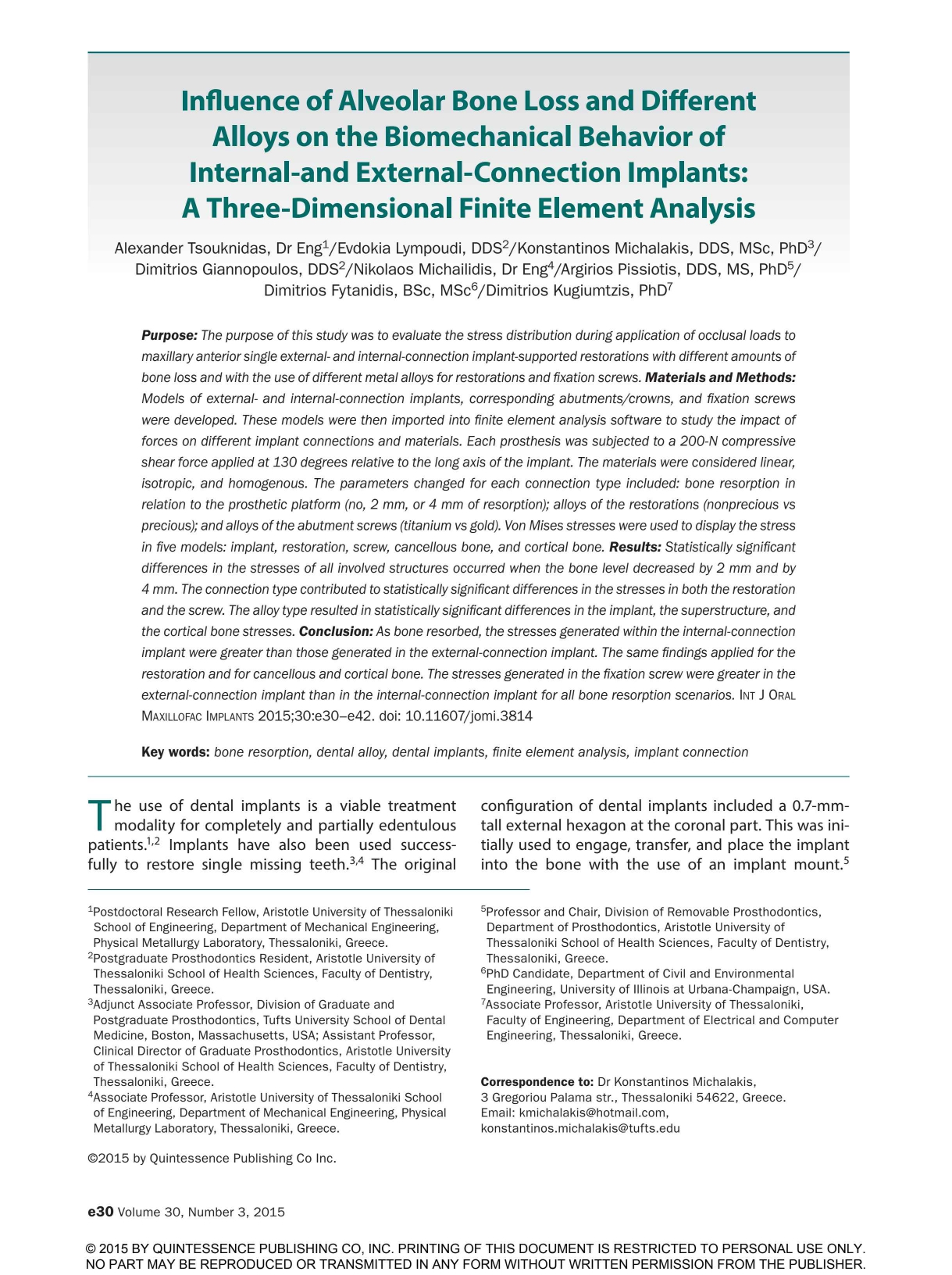 Influence of Alveolar Bone Loss and Different Alloys on the Biomechanical Behavior of Internal-and External-Connection Implants: A Three-Dimensional Finite Element Analysis